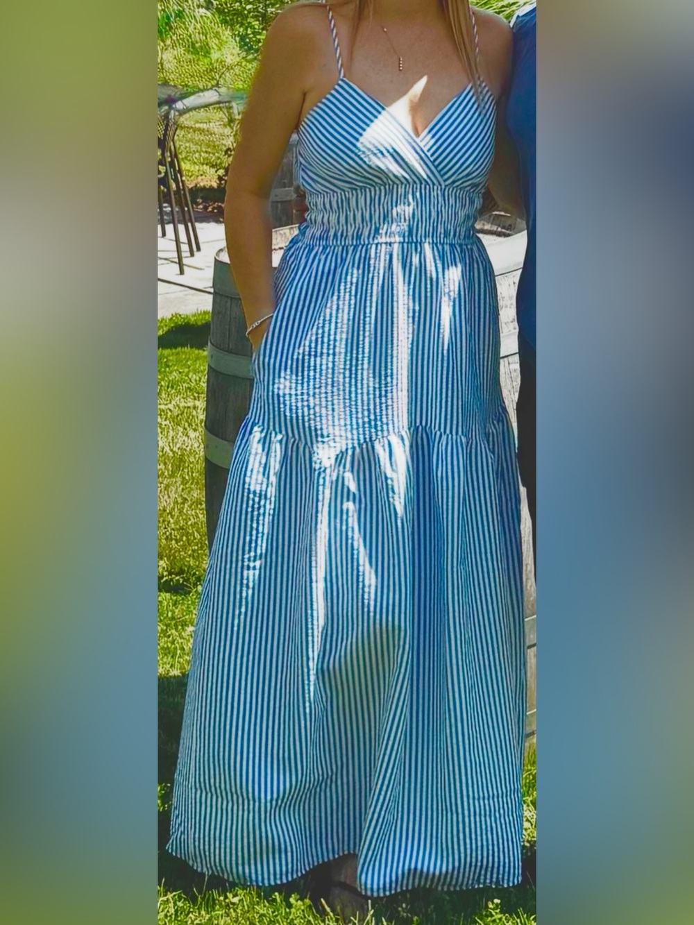 Monteau Blue and White Striped Maxi Dress with Smocked Waist with Pockets